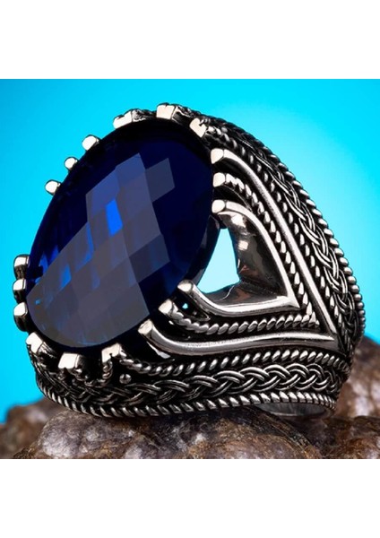 Fasetalı Zirkon Mavi Taşlı Gümüş Erkek Yüzük indirimleri