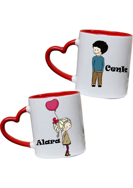 Sevgililere Özel Isimli Kalp Kupa Seti