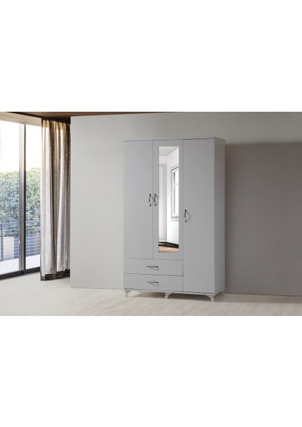 Aynalı 3 Kapaklı 2 Çekmeceli Gardırop - Beyaz