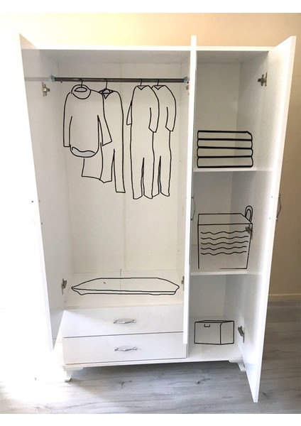 Aynalı 3 Kapaklı 2 Çekmeceli Gardırop - Beyaz fiyatları