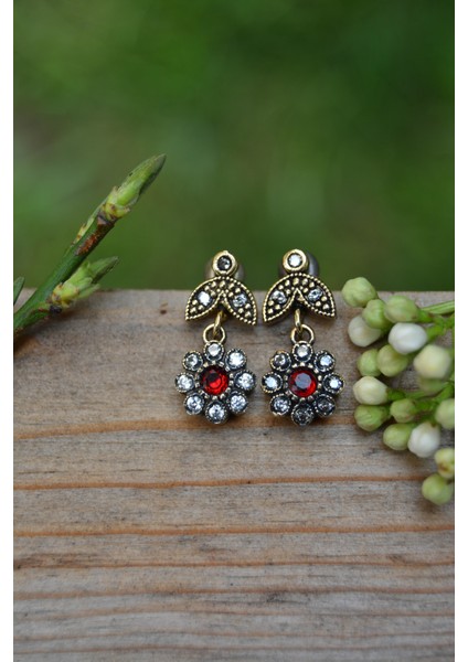 Jewellery Yakut Ve Zirkon Taşlı Bayan Otantik Küpe