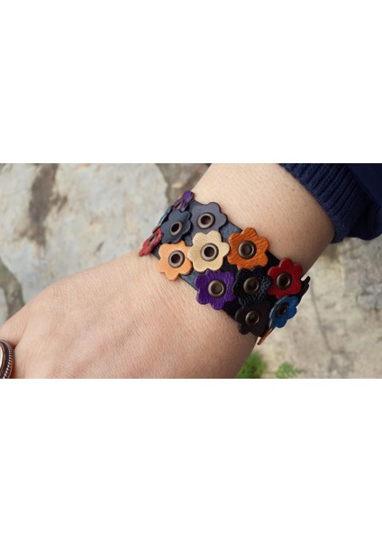 Jewellery Gerçek Deri Bayan Bileklik Papatyalı