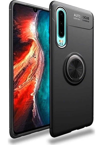 Huawei P30 Focus Serisi Yüzük Standlı Silikon Kılıf Siyah