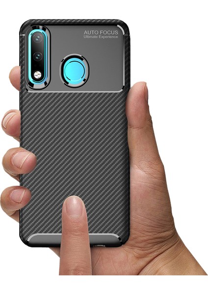 Huawei P30 Lite Maxy Serisi Carbon Fiber Silikon TPU Kılıf Siyah