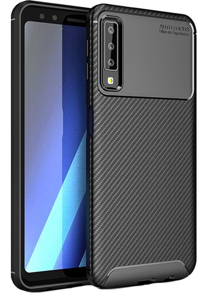 Samsung Galaxy A7 2018 Maxy Serisi Carbon Fiber Silikon TPU Kılıf Siyah