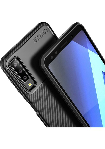 Samsung Galaxy A7 2018 Maxy Serisi Carbon Fiber Silikon TPU Kılıf Siyah