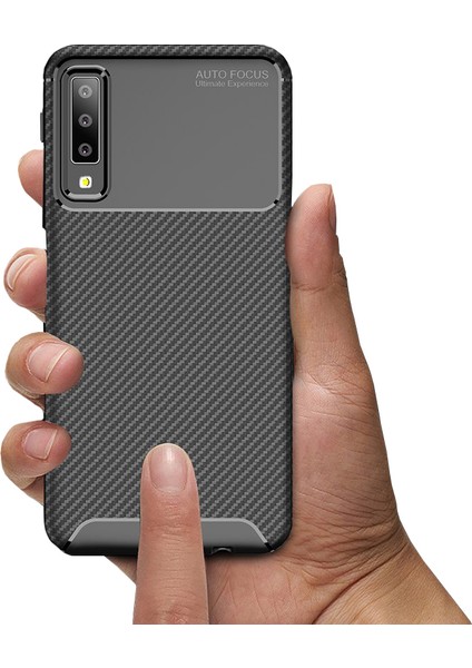 Samsung Galaxy A7 2018 Maxy Serisi Carbon Fiber Silikon TPU Kılıf Siyah