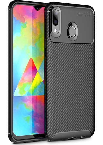 Samsung Galaxy M20 Maxy Serisi Carbon Fiber Silikon TPU Kılıf Siyah