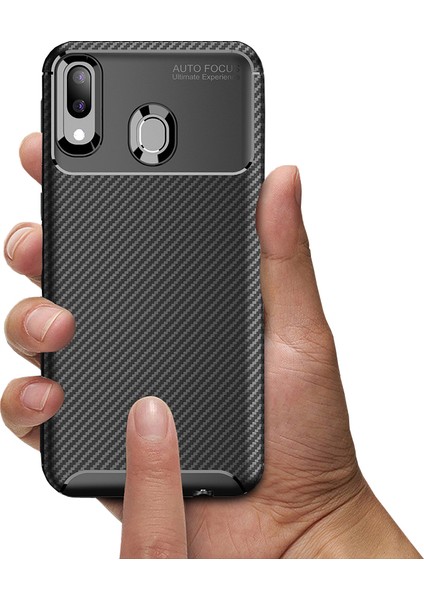 Samsung Galaxy M20 Maxy Serisi Carbon Fiber Silikon TPU Kılıf Siyah