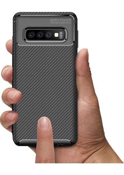 Samsung Galaxy S10 Maxy Serisi Carbon Fiber Silikon TPU Kılıf Siyah