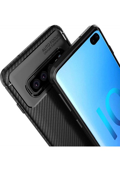 Samsung Galaxy S10 Plus Maxy Serisi Carbon Fiber Silikon TPU Kılıf Siyah