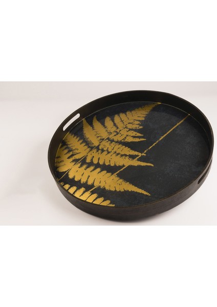Yuvarlak Lacivert Gold Yapraklı Tepsi 49 cm