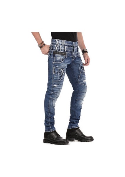 Cipo&Baxx CD466 Farklı Tarz Üç Katlı Bel Eskimiş Erkek Mavi Jean