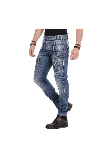 Cipo&Baxx CD466 Farklı Tarz Üç Katlı Bel Eskimiş Erkek Mavi Jean