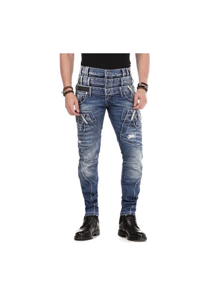 Cipo&Baxx CD466 Farklı Tarz Üç Katlı Bel Eskimiş Erkek Mavi Jean