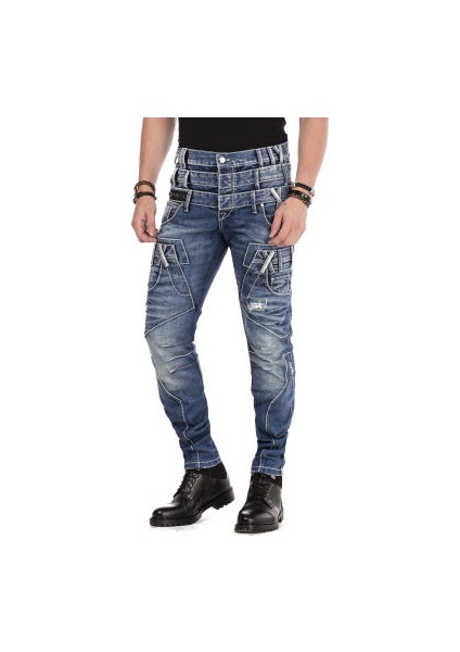 Cipo&Baxx CD466 Farklı Tarz Üç Katlı Bel Eskimiş Erkek Mavi Jean