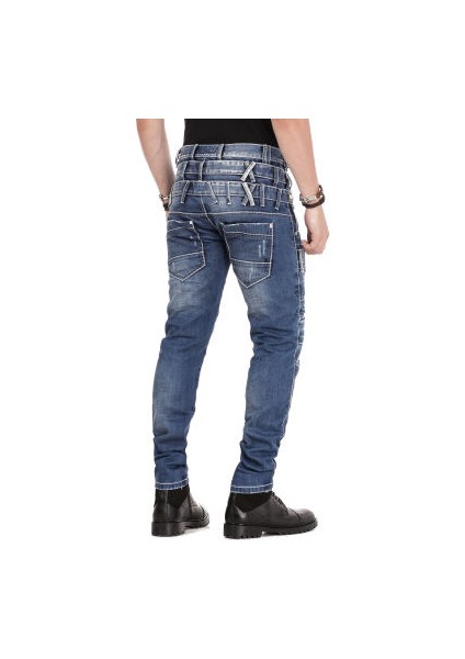 Cipo&Baxx CD466 Farklı Tarz Üç Katlı Bel Eskimiş Erkek Mavi Jean