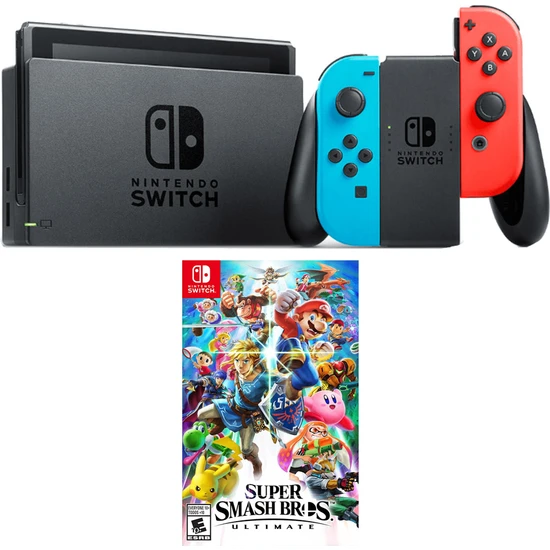 Nintendo Switch Renkli Mavi Kırmızı + Super Smash Bros Ultimate Oyun