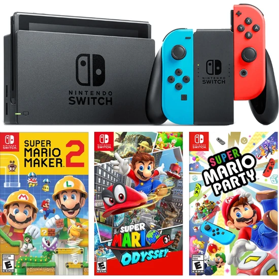 Nintendo Switch Renkli Mavi Kırmızı + Super Mario Maker 2 + Super Marıo Odyssey + Super Marıo Party