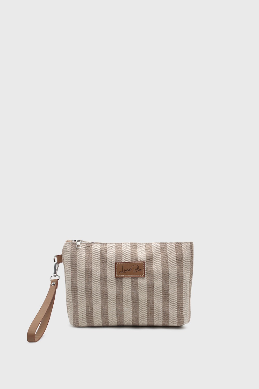 Lunablu Kadın Vizon Çizgili Keten Clutch Çanta görsel 5