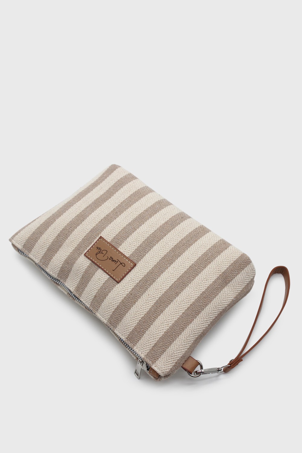 Lunablu Kadın Vizon Çizgili Keten Clutch Çanta görsel 6