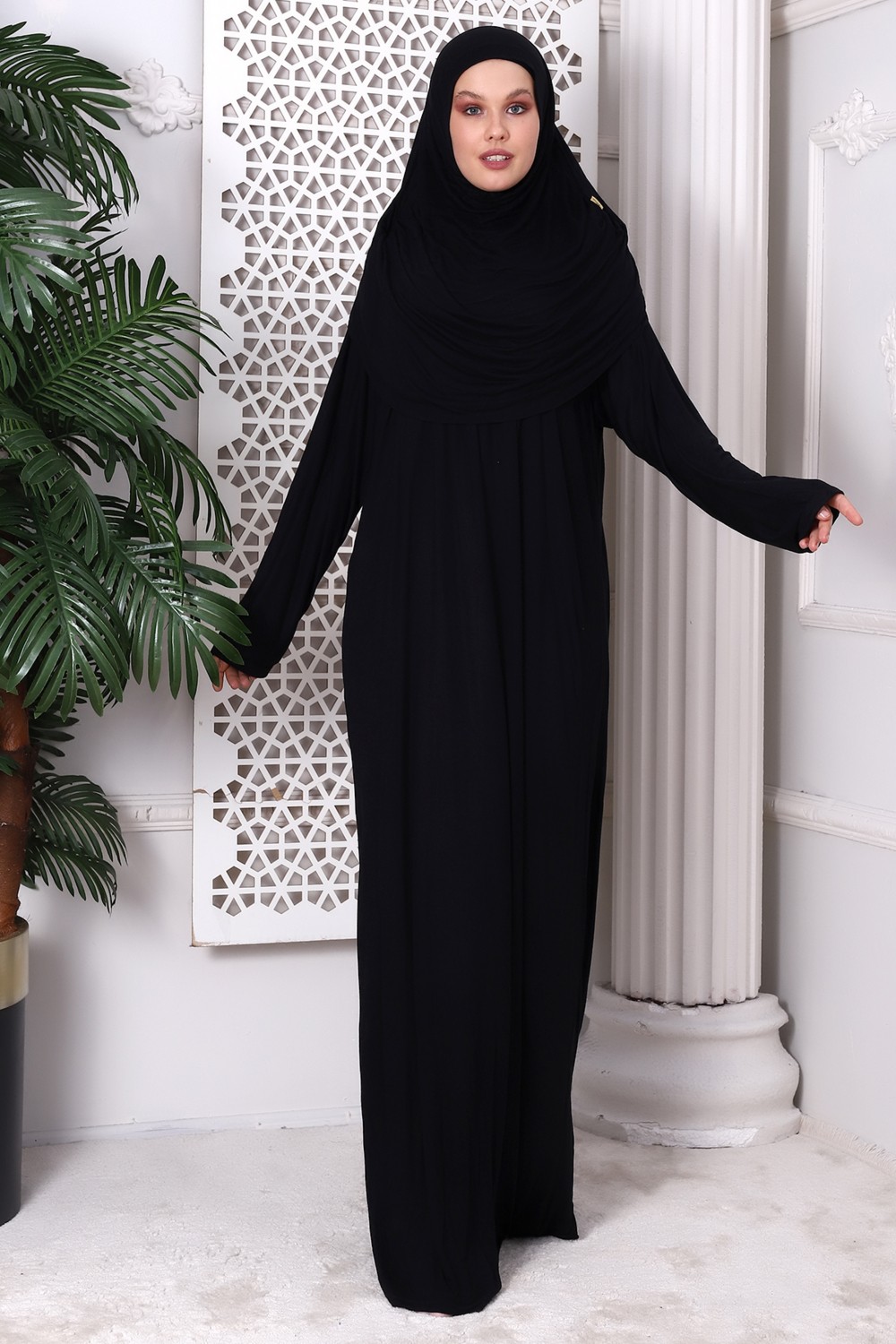 İhvan Online Tek Parça Pratik Başörtülü Robalı Namaz Elbisesi 8015 Siyah