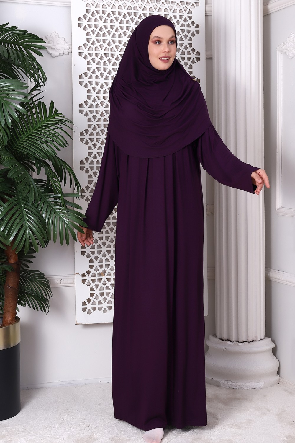 İhvan Online Tek Parça Pratik Başörtülü Robalı Namaz Elbisesi 8015 Mürdüm