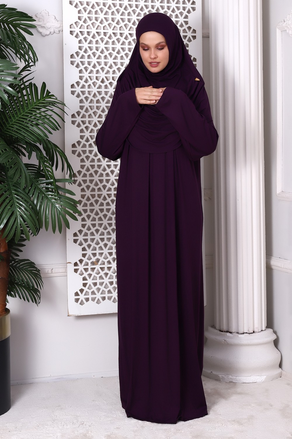 İhvan Online Tek Parça Pratik Başörtülü Robalı Namaz Elbisesi 8015 Mürdüm görsel 3
