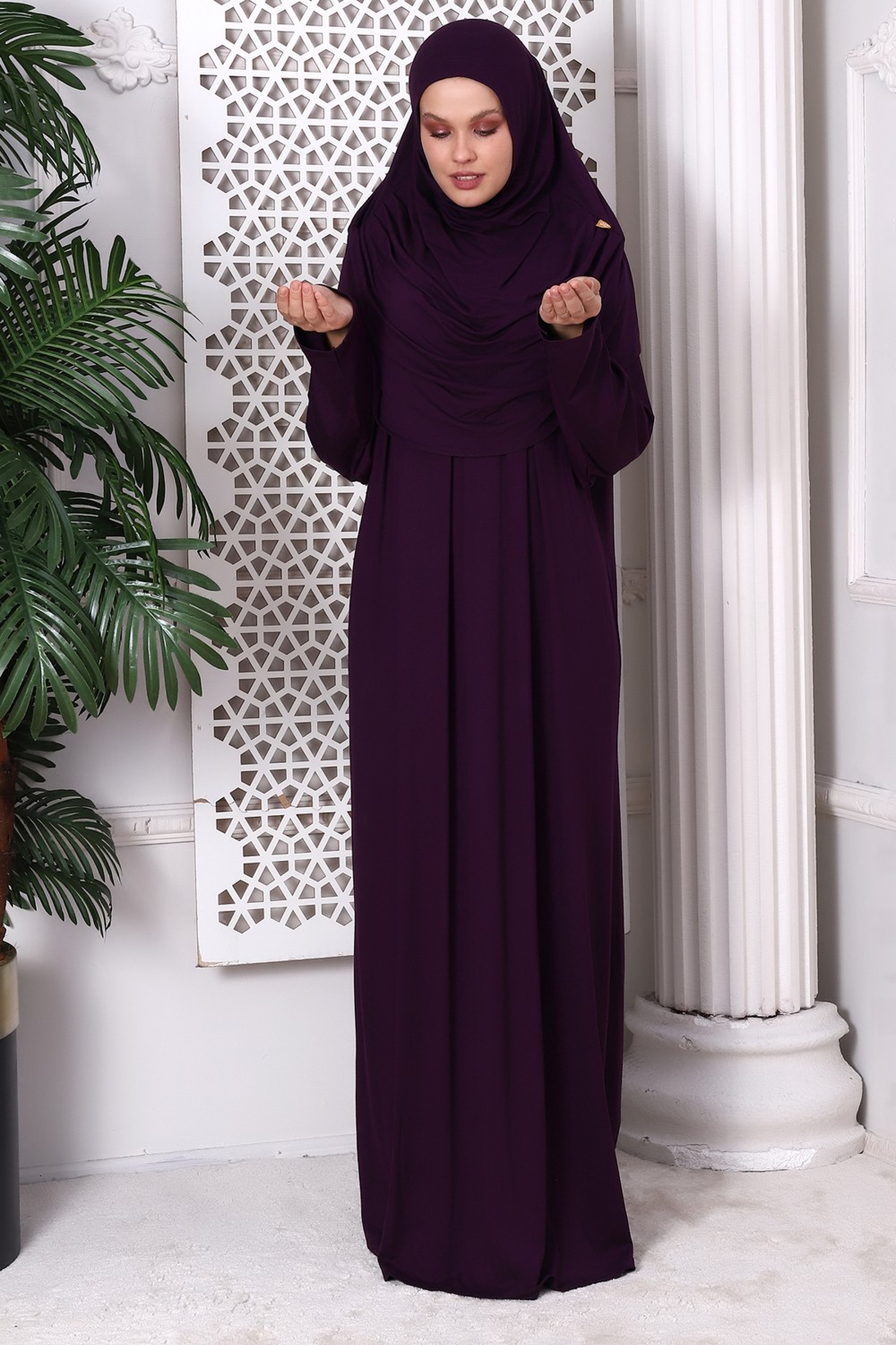İhvan Online Tek Parça Pratik Başörtülü Robalı Namaz Elbisesi 8015 Mürdüm görsel 4