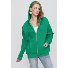 Tena Moda Kadın Benetton Yeşil Kapüşonlu Oversize Fermuarlı Sweatshirt