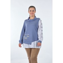 Vedi-Bb Boğazlı Büyük Beden Kol Detaylı Uzun Kollu Indigo Kadın Sweatshirt 22233314