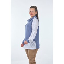 Vedi-Bb Boğazlı Büyük Beden Kol Detaylı Uzun Kollu Indigo Kadın Sweatshirt 22233314