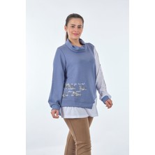 Vedi-Bb Boğazlı Büyük Beden Kol Detaylı Uzun Kollu Indigo Kadın Sweatshirt 22233314