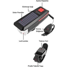 Epazzar Kornalı Bisiklet Feneri Solar Güneş Enerji ve USB ile Şarj Edilebilir Su Geçirmez T6 LED Feneri Kırm