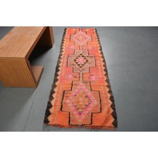 Eskitme Kilim, Türk Kilim, Runner Kilim, 81X250 cm Turuncu Kilim, El Dokuma Kilim, Mutfaksı Kilim,