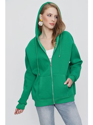 Tena Moda Kadın Benetton Yeşil Kapüşonlu Oversize Fermuarlı Sweatshirt