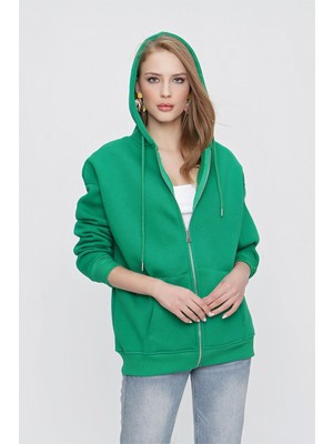 Tena Moda Kadın Benetton Yeşil Kapüşonlu Oversize Fermuarlı Sweatshirt