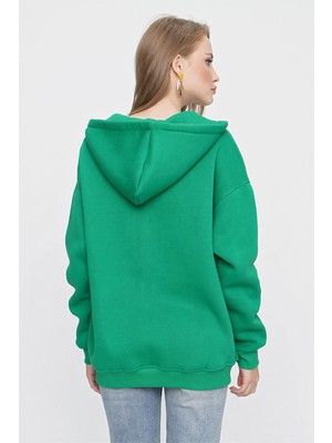 Tena Moda Kadın Benetton Yeşil Kapüşonlu Oversize Fermuarlı Sweatshirt