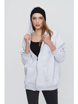 Tena Moda Kadın Kar Melanj Kapüşonlu Oversize Fermuarlı Sweatshirt