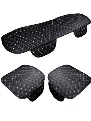 Tegin Araba Koltuk Minderi Ön ve Arka Takım 3 Parça Aracınıza Stil Katın Siyah Deri Beyaz Desen