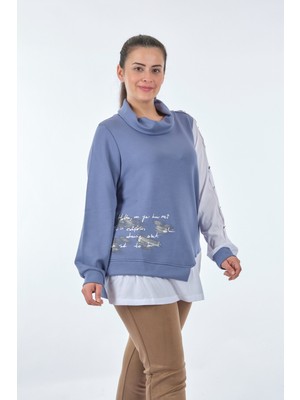 Vedi-Bb Boğazlı Büyük Beden Kol Detaylı Uzun Kollu Indigo Kadın Sweatshirt 22233314