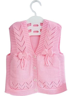 Pembe Kurdeleli Kız Bebek Triko Yelek