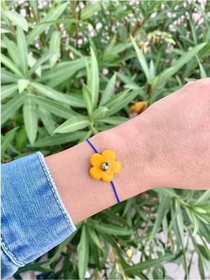 Atelier Çağla Cam Sarı Çiçek Mavi Ip Bileklik