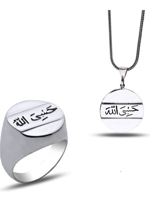 Takılingo 925 Ayar Gümüş Hasbiyallah Yazılı Erkek Yüzük Kolye Set