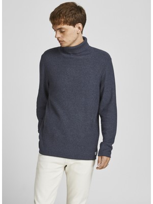 Jack & Jones Balikçi Yaka Düz Koyu Lacivert Erkek Kazak 12199940_JPRBLUCARLOS Knit Roll Nec