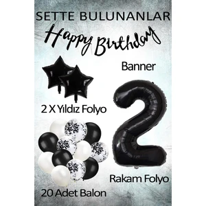 Patladı Gitti Siyah Konsept 2 Yaş Doğum Günü Kutlama Seti; Beyaz Siyah Konfetili Balon, Rakam Yıldız Folyo ve Banner