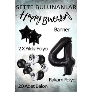 Patladı Gitti Siyah Konsept 4 Yaş Doğum Günü Kutlama Seti; Beyaz Siyah Konfetili Balon, Rakam Yıldız Folyo ve Banner