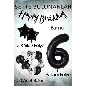Patladı Gitti Siyah Konsept 6 Yaş Doğum Günü Kutlama Seti; Beyaz Siyah Konfetili Balon, Rakam Yıldız Folyo ve Banner