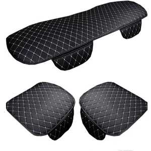 Araba Koltuk Minderi Ön ve Arka Takım 3 Parça Aracınıza Stil Katın Siyah Deri Beyaz Desen