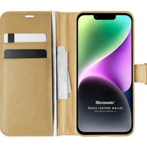 Apple iPhone 14 Kılıf Delux Leather Wallet Gold